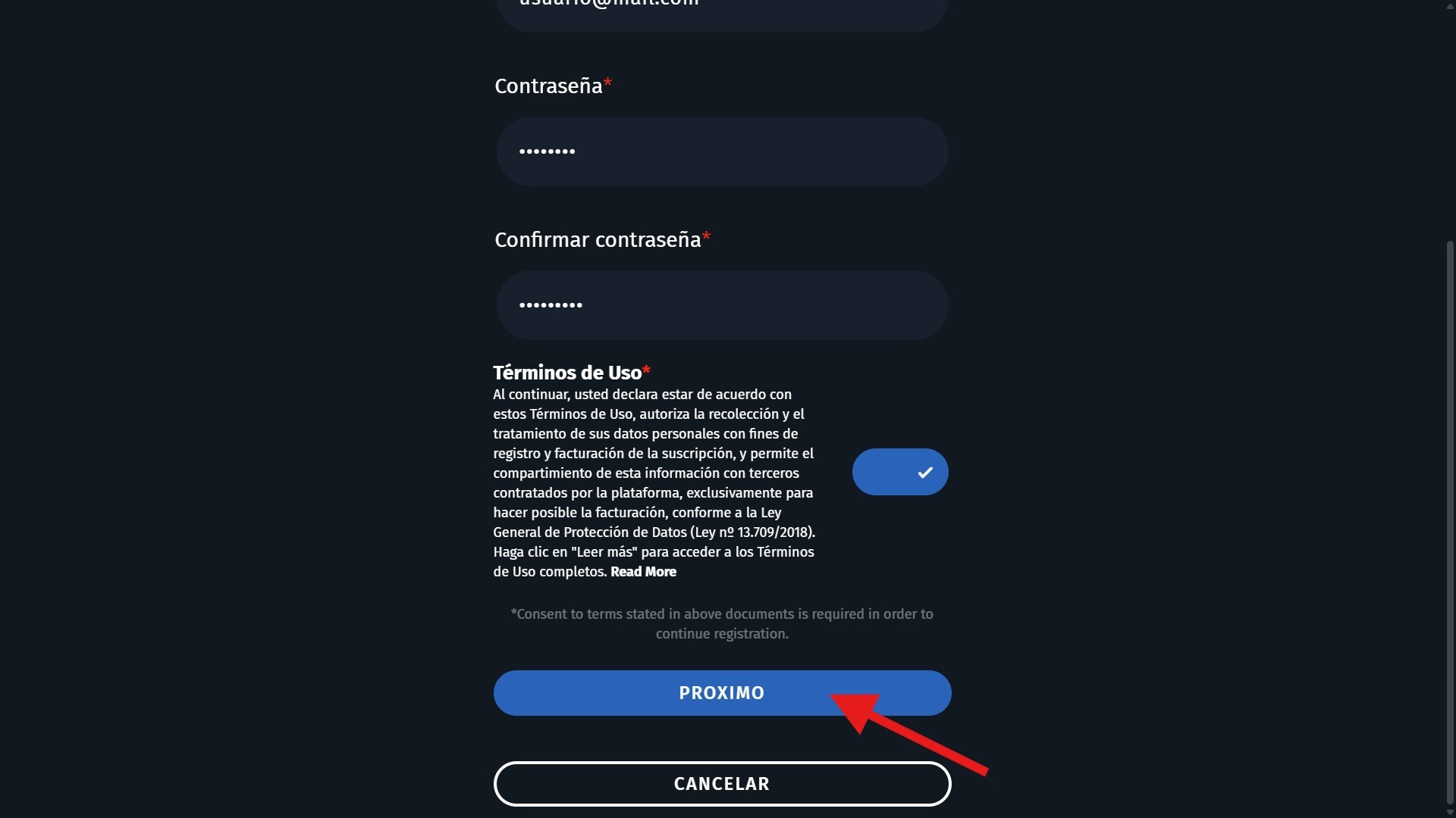 Tela de aceitação dos termos de uso