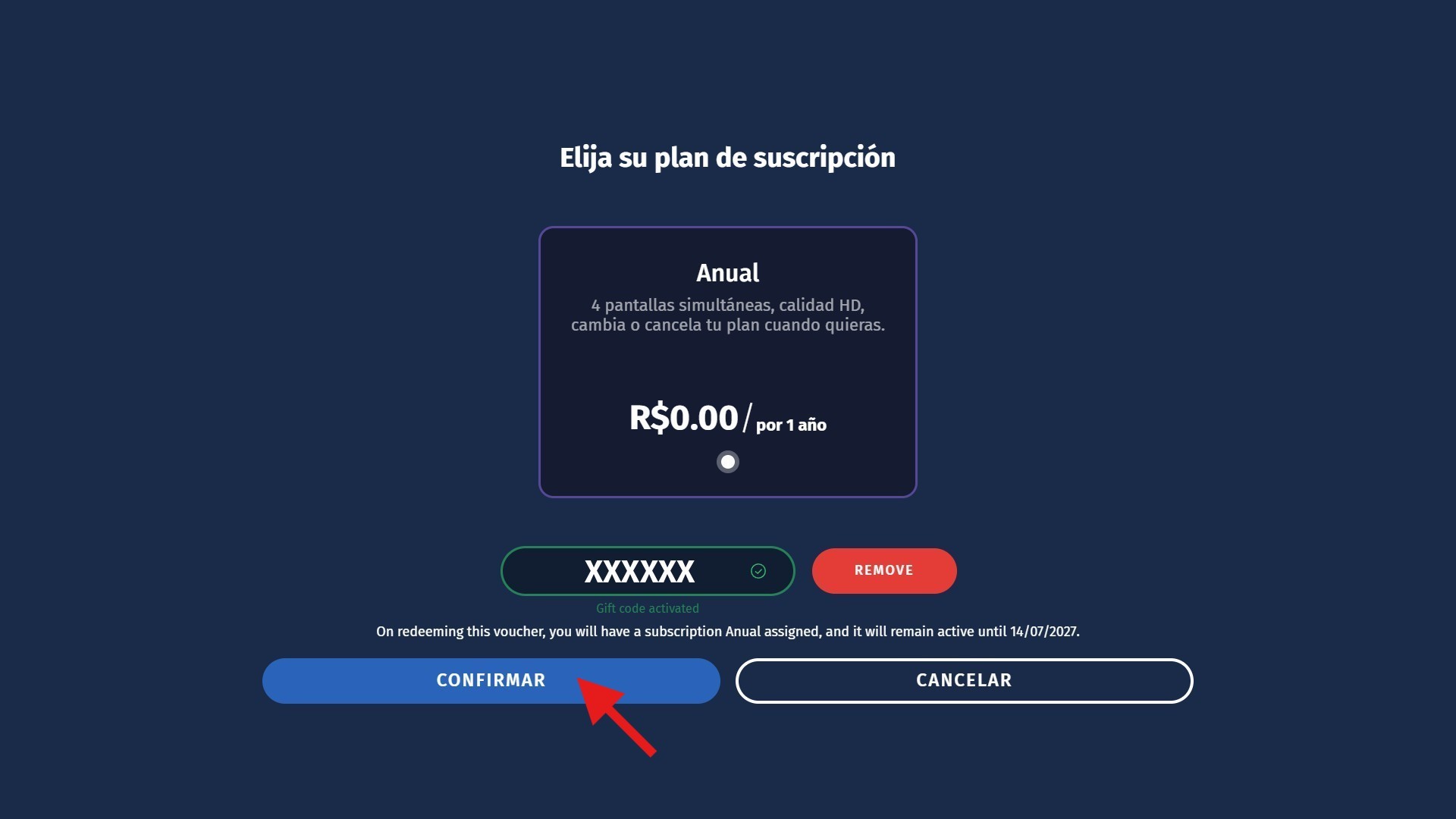 Tela de confirmação do voucher ativado